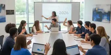 High school students actively participating in an early college program classroom in 2026, discussing advanced topics.