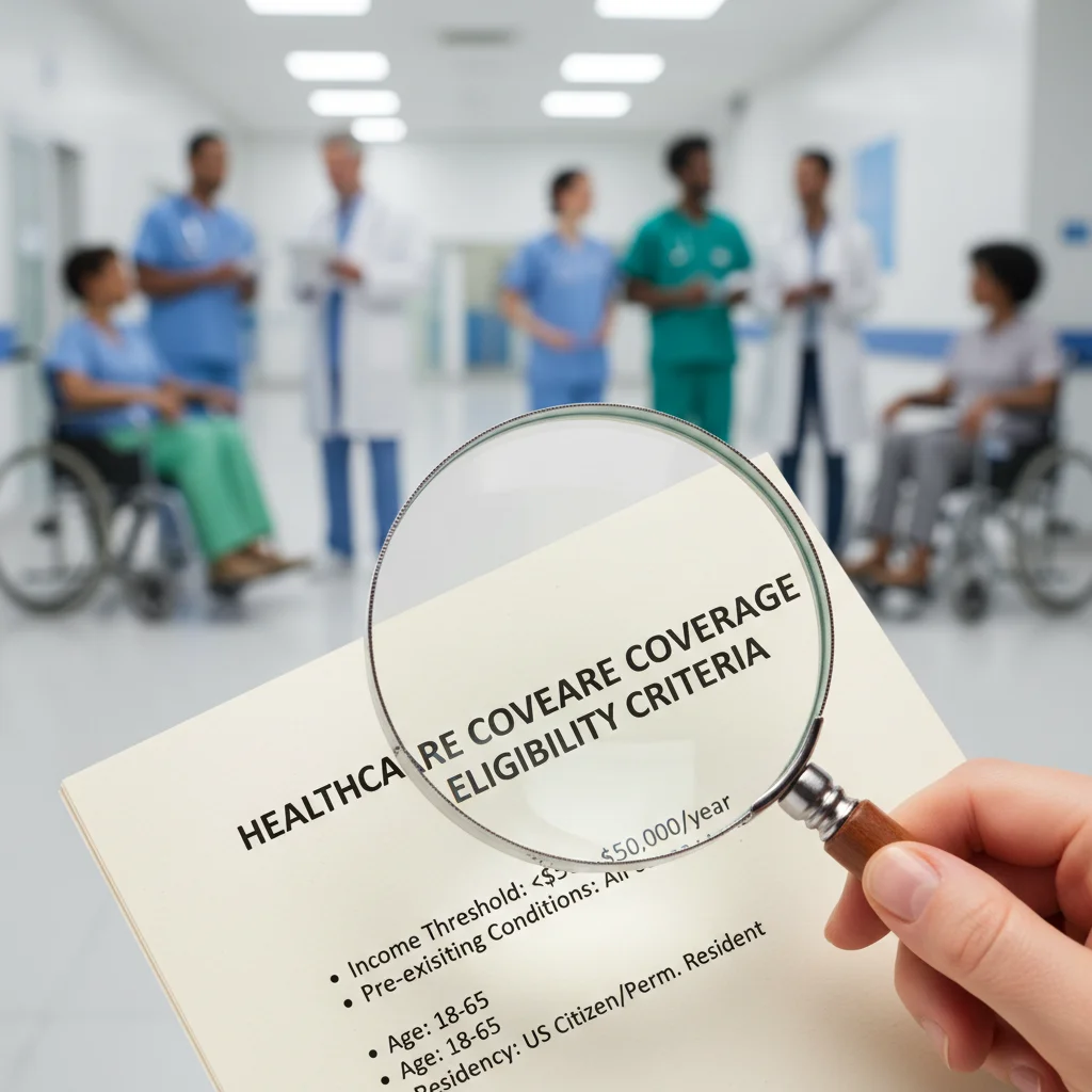 Magnifying glass examining Medicaid eligibility criteria document