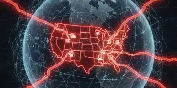 Stylized map of the U.S. with red lines indicating escalating nation-state cyber attacks on critical infrastructure.