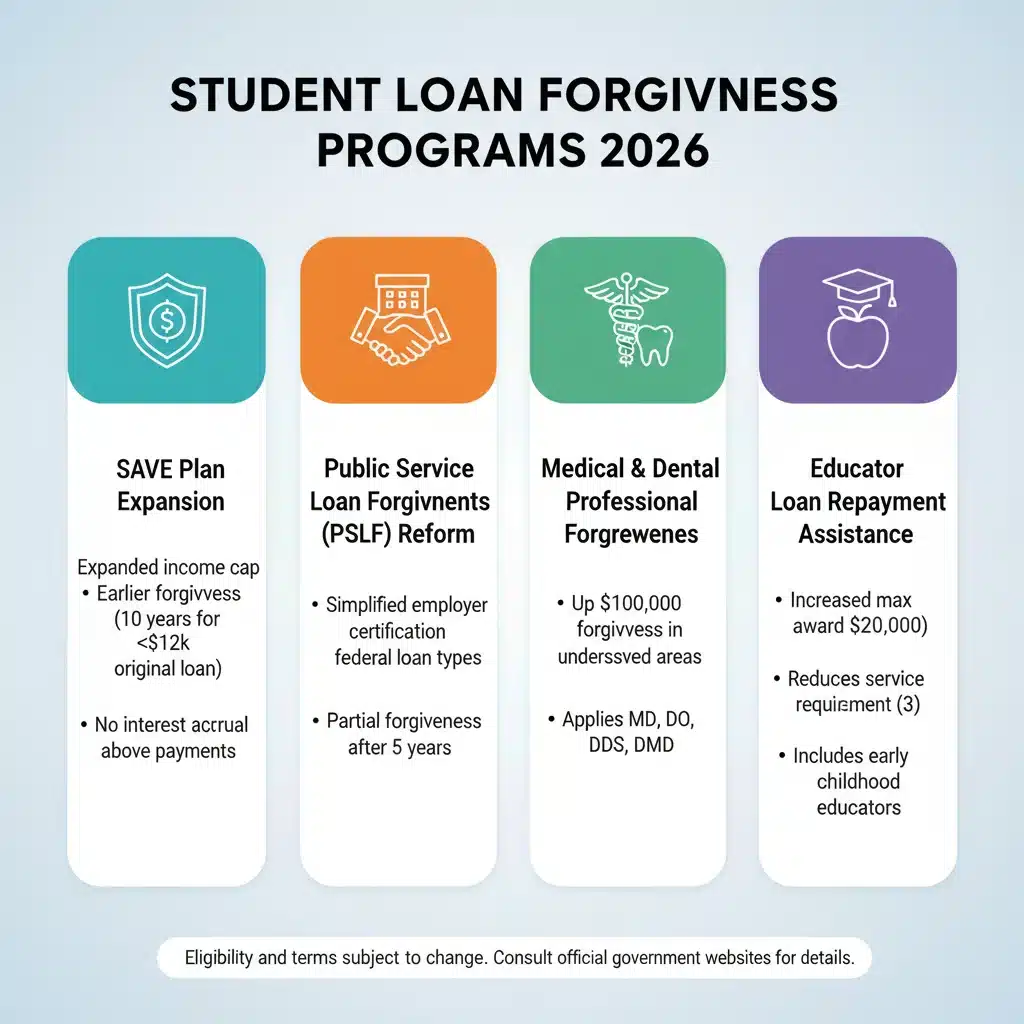 Infographic detailing four new student loan forgiveness programs for 2026 with eligibility criteria.