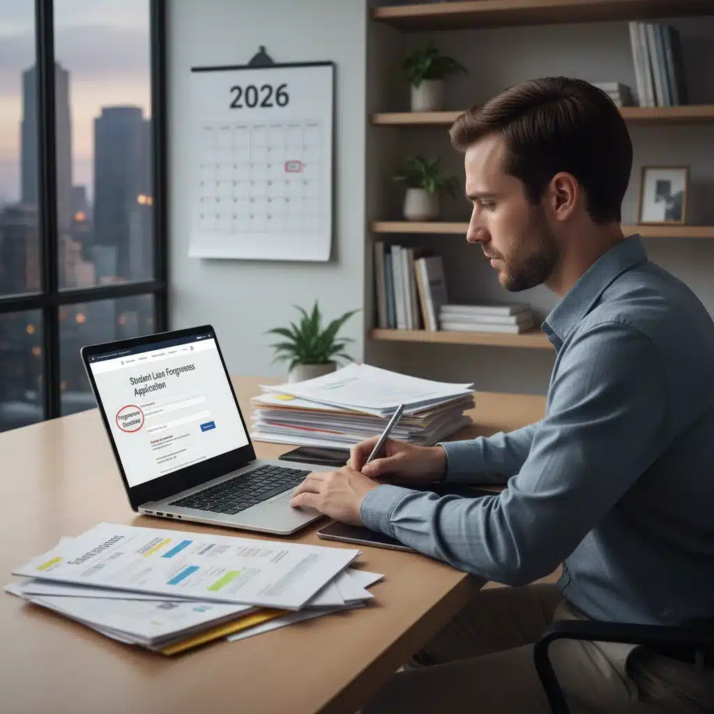 Individual applying for student loan forgiveness online, focusing on digital forms and financial documents.
