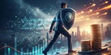 Person with shield protecting money from rising inflation graphs, symbolizing financial security in 2026.