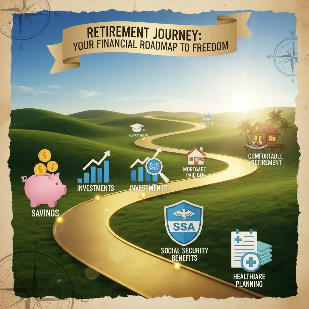 Retirement planning roadmap with icons for savings, investments, and Social Security benefits.