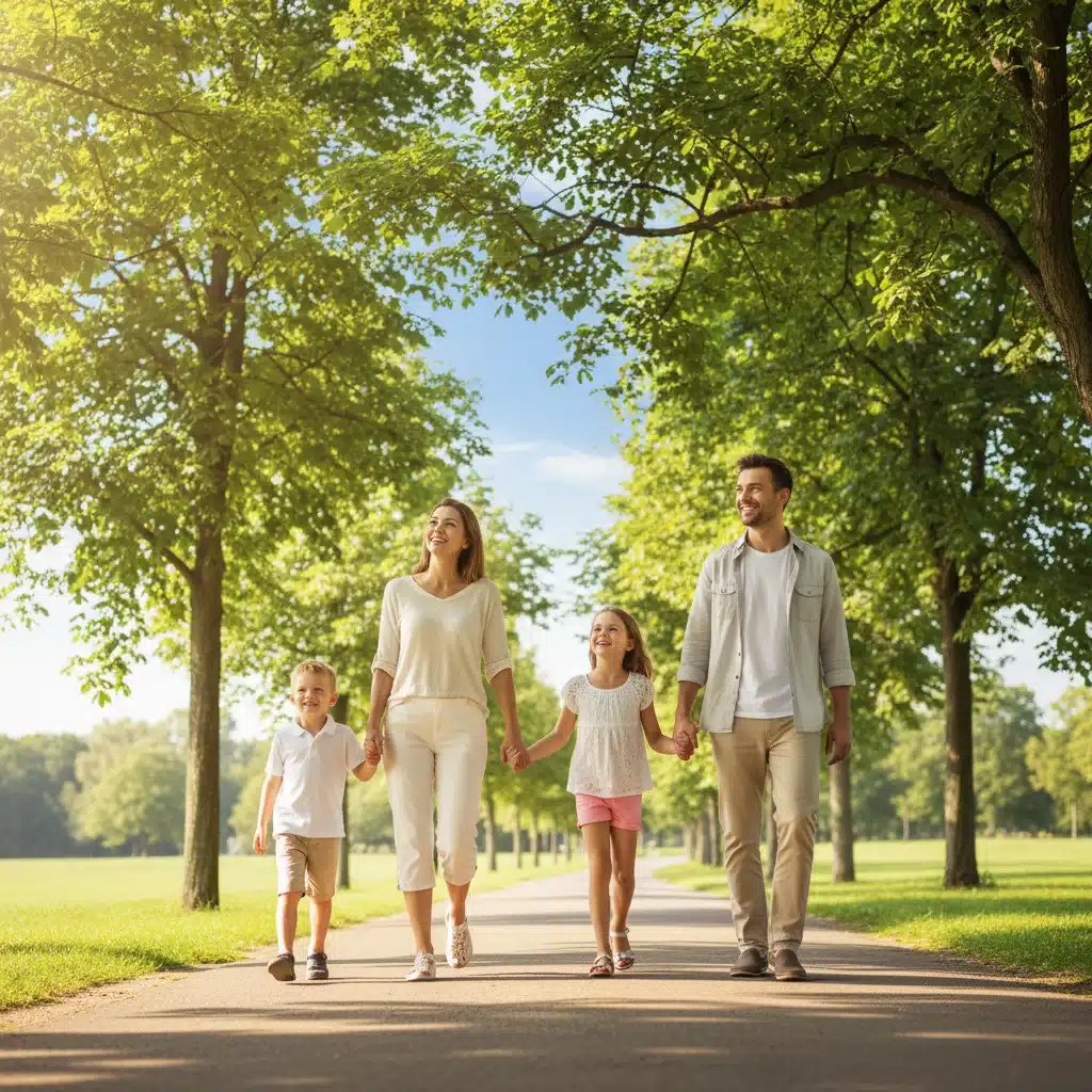 Happy family walking in a park, symbolizing a secure future through careful planning.