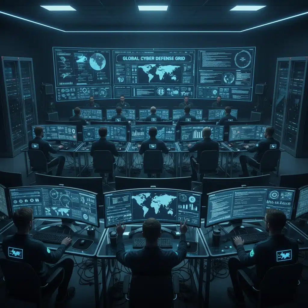 Cybersecurity analysts in a security operations center monitoring network activity for nation-state threats.