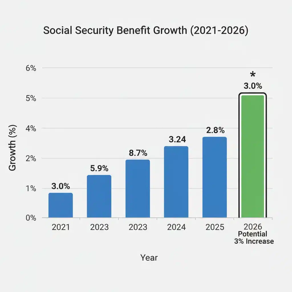 Bar chart showing Social Security benefit growth over years, highlighting a 3% increase for 2026.