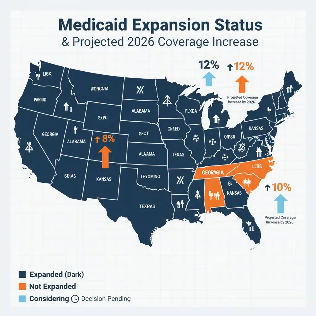US map illustrating Medicaid expansion status by state
