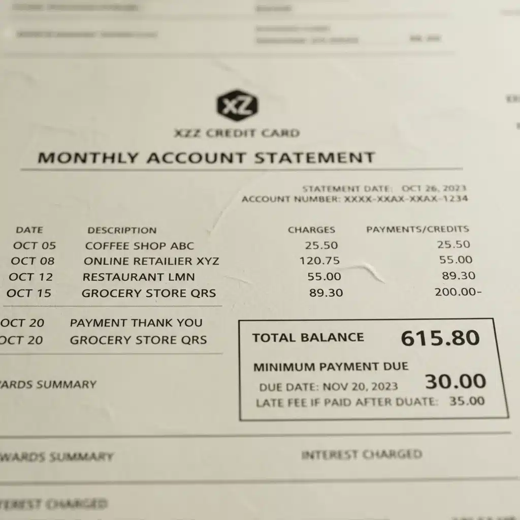 Close-up of a credit card statement showing payment details and balance.