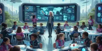 Students and teacher collaborating in a futuristic K-12 classroom with digital tools.
