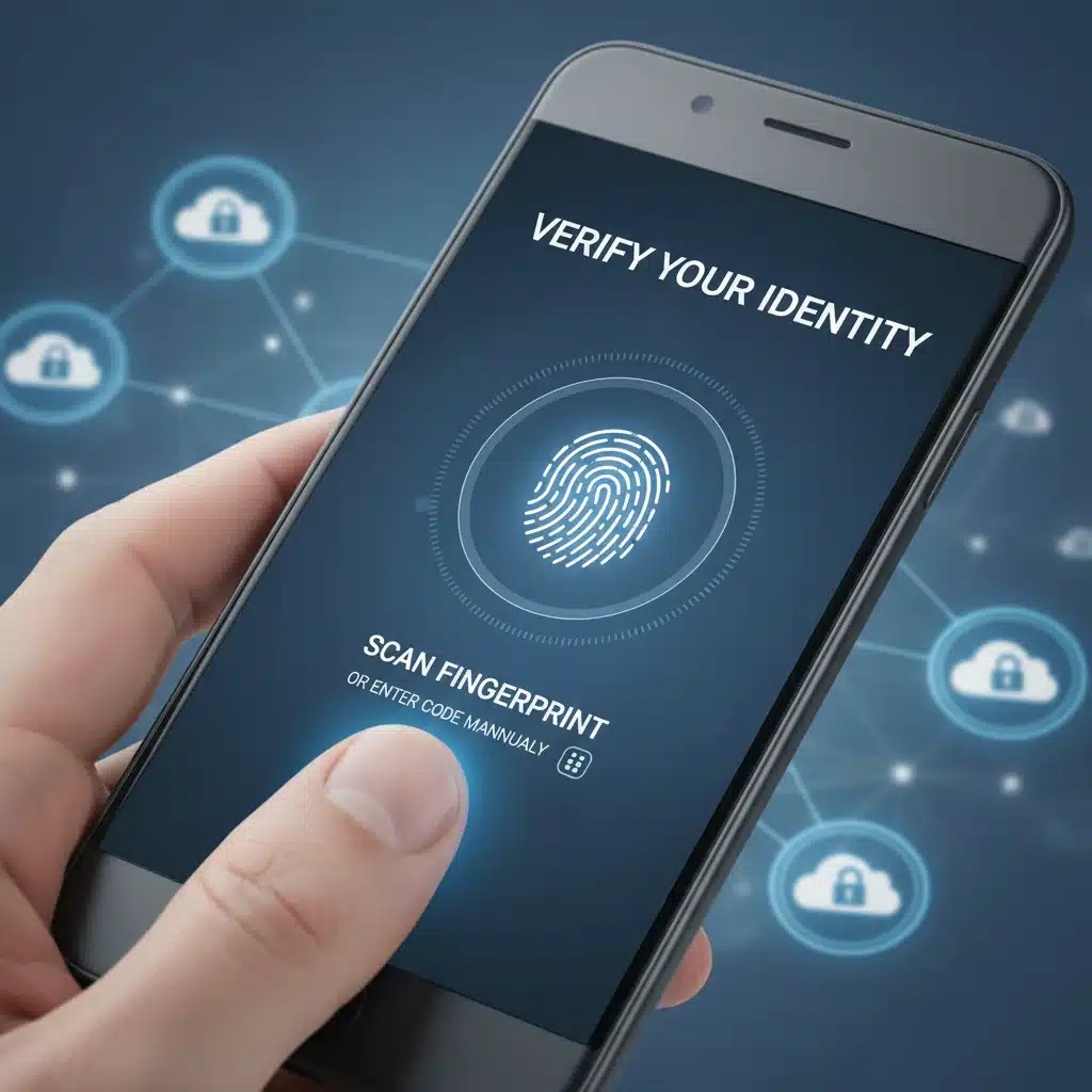 Multi-factor authentication via smartphone and fingerprint for enhanced online security.