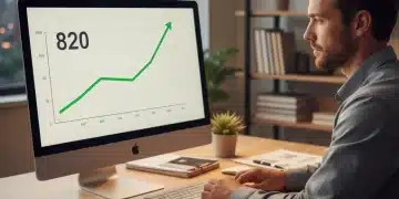 Person confidently viewing a rising credit score on a laptop, surrounded by financial tools.