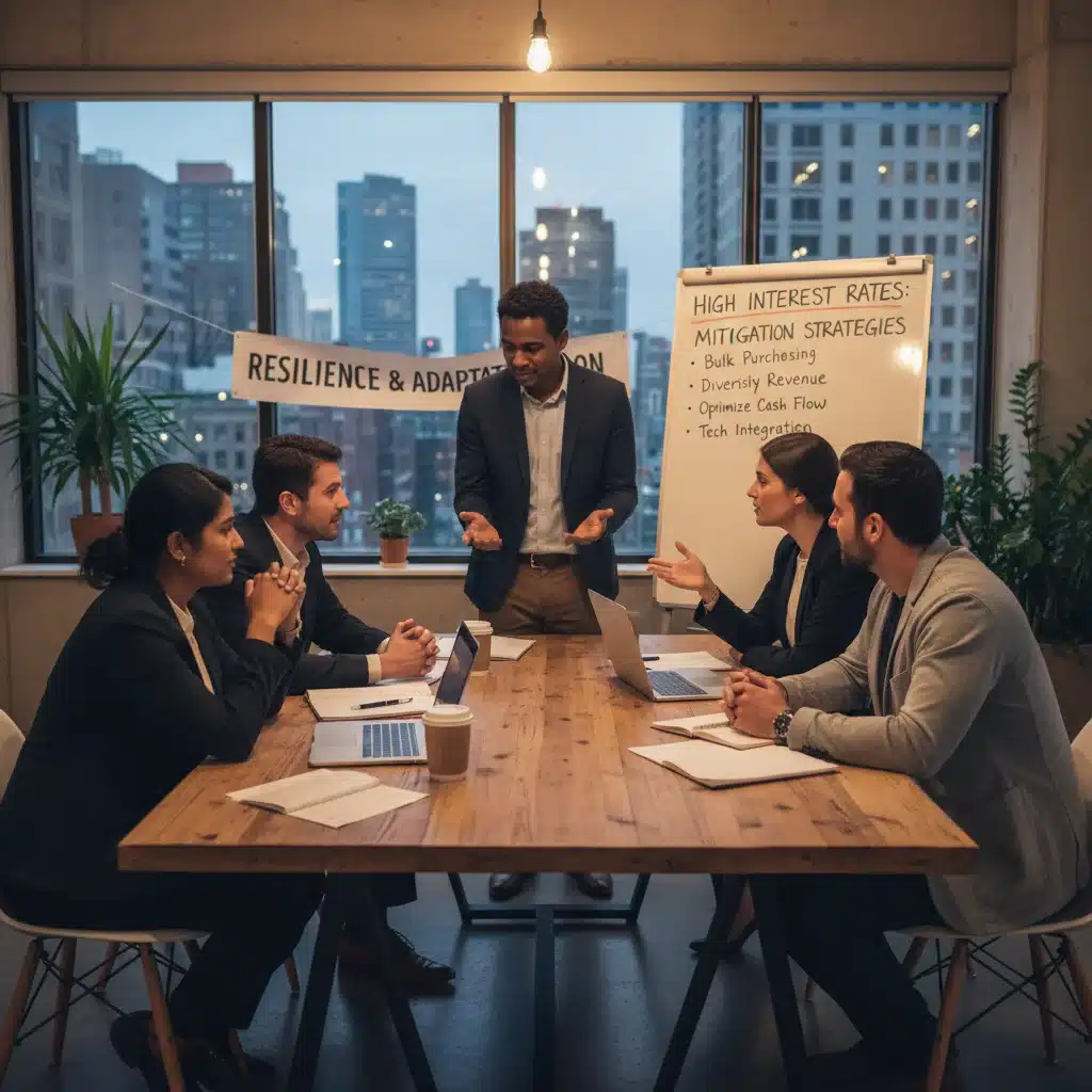 Small business owners collaborating on strategies to combat high interest rates