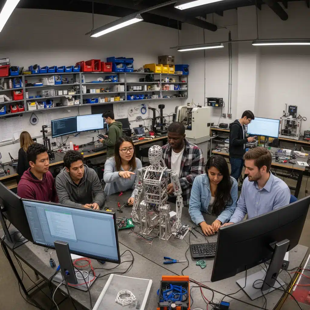 University students building a robot, showcasing collaborative engineering and technology skills development.