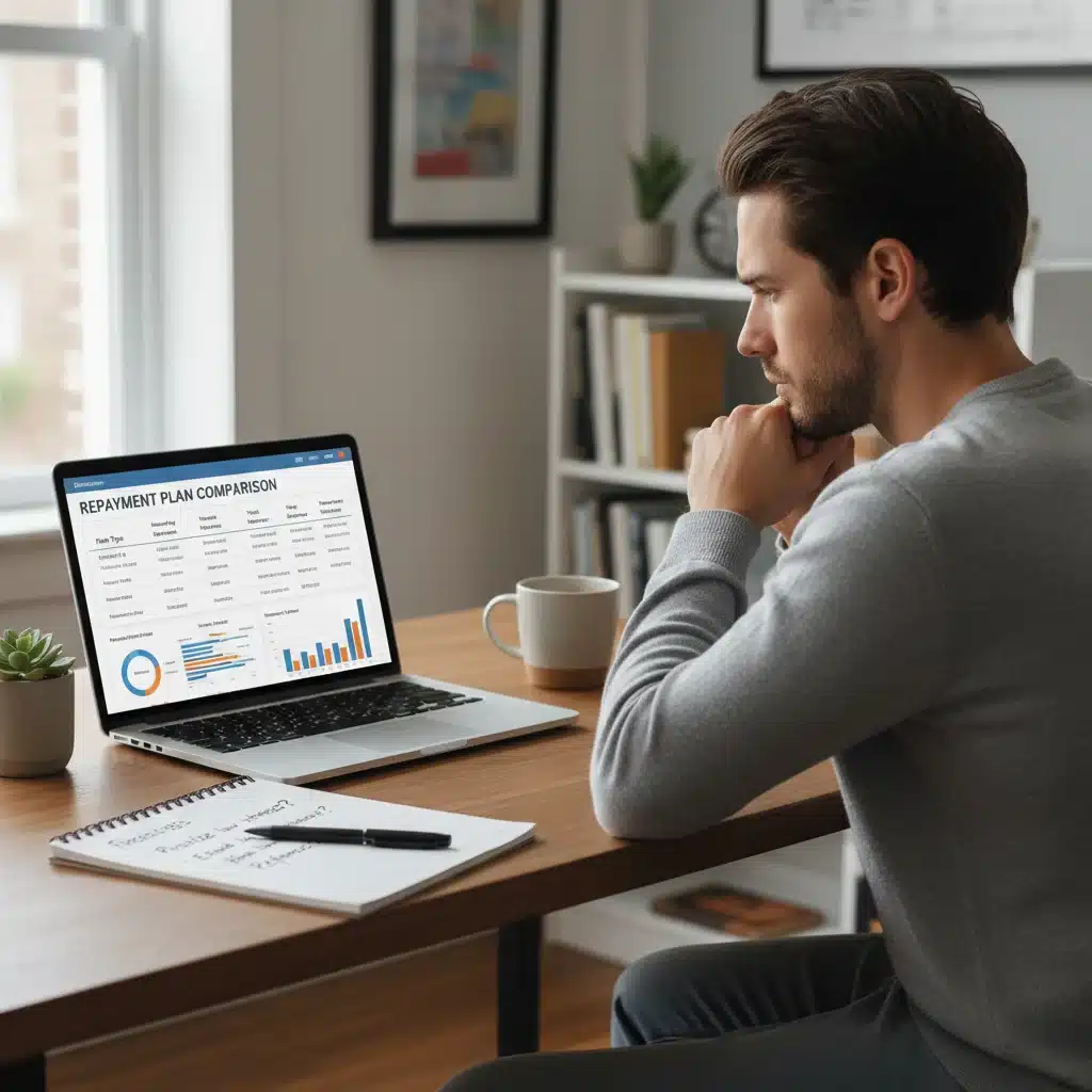 Individual comparing different student loan repayment plans on a laptop