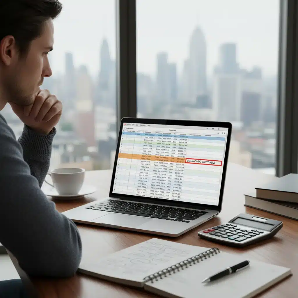 Person reviewing budget spreadsheet on laptop, planning for financial changes.