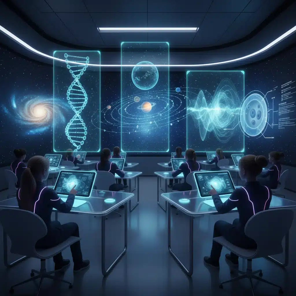 Futuristic classroom with holographic STEM learning tools, illustrating advanced educational technology.