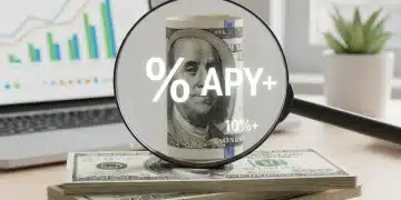 Stack of US dollar bills with magnifying glass showing high APY, representing high-yield savings accounts.