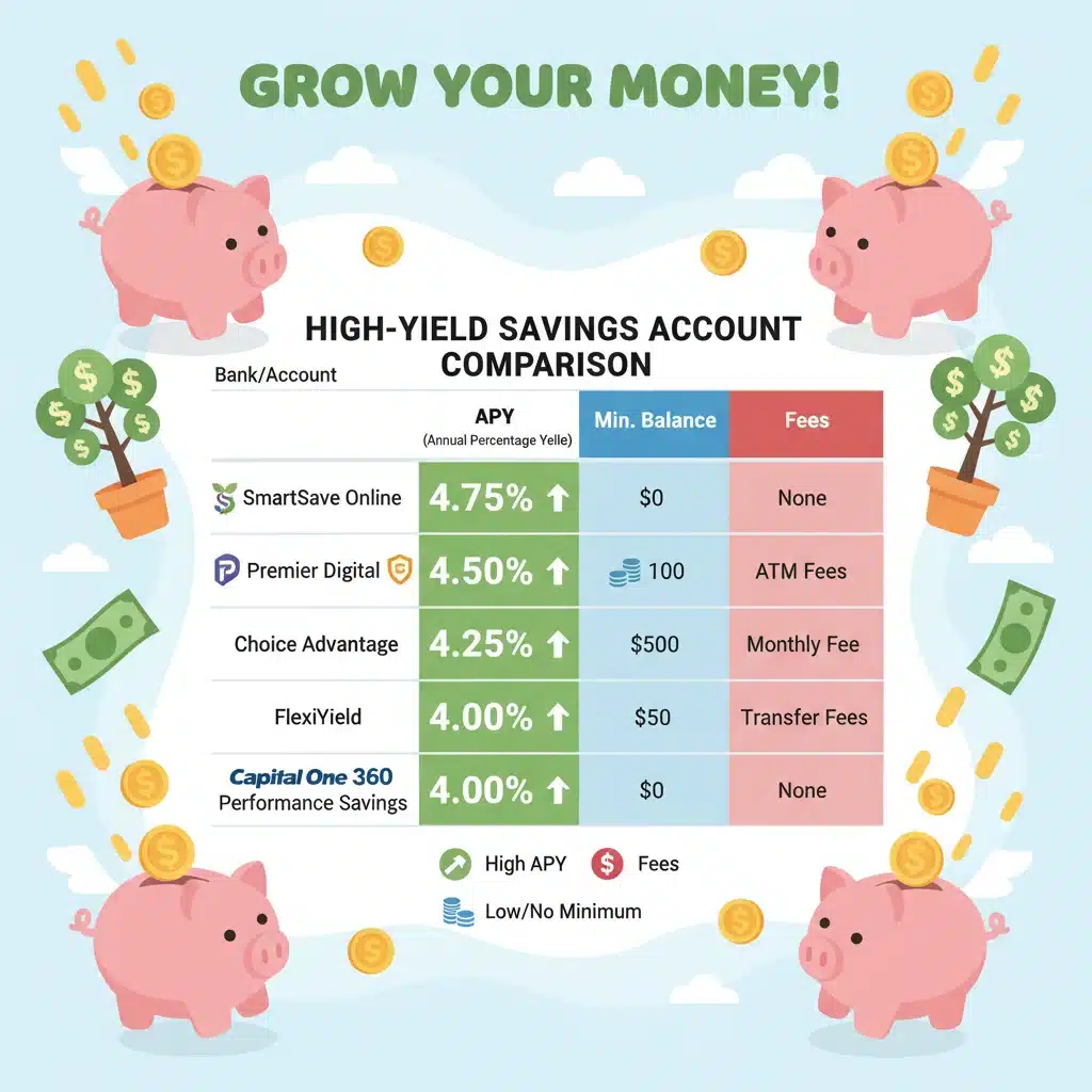 Infographic comparing features of various high-yield savings accounts, including APY and fees.