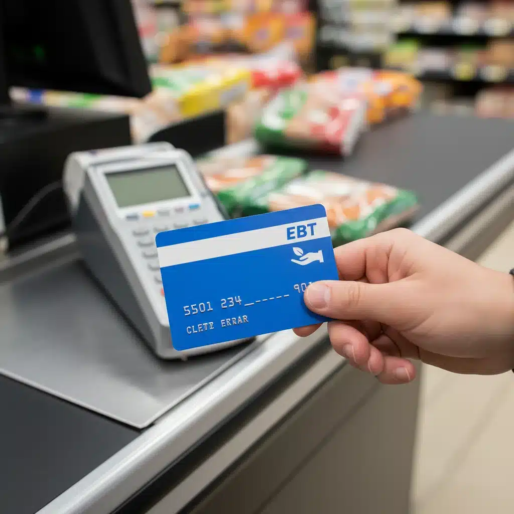 Person holding EBT card at checkout