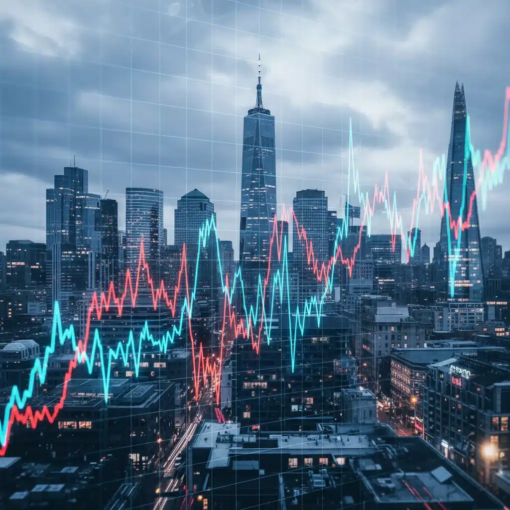 Financial market volatility with economic indicators and cityscapes