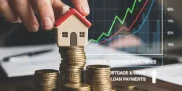 Hand placing house figurine on coin stack, symbolizing mortgage costs and rate hikes.