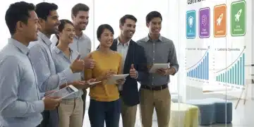 Professionals confidently looking at certification badges on a screen, symbolizing career growth.