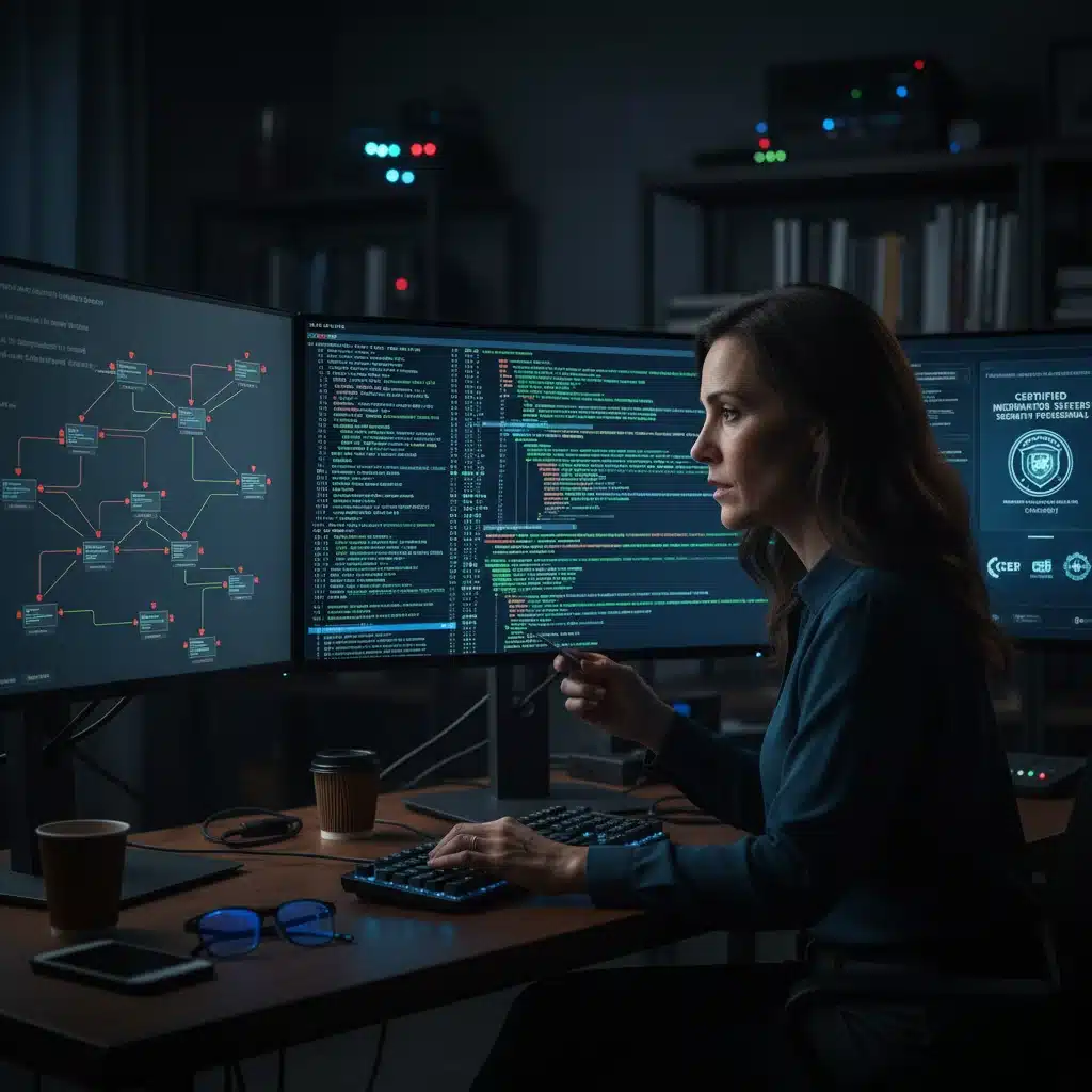 Cybersecurity expert analyzing network security, emphasizing certified skills.