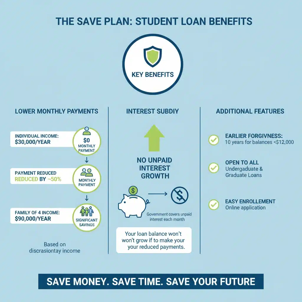 Infographic explaining the benefits and features of the SAVE Plan for student loans