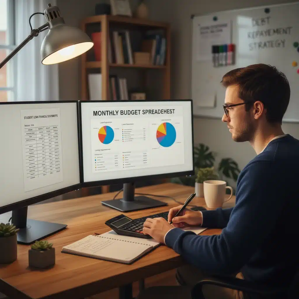 Individual meticulously reviewing budget and student loan statements to optimize payments