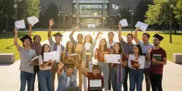 Students celebrating scholarship success with university background