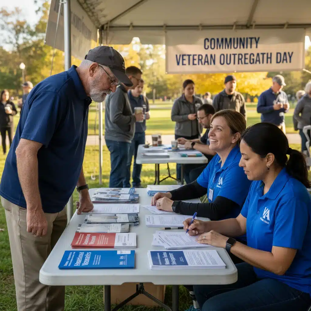 Veteran consulting with a VA representative at an outreach event for benefit information.