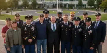 Diverse group of veterans standing in front of a modern VA facility, representing community and support.