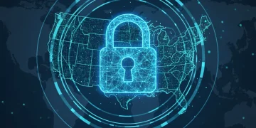 Secure network with padlock over US map representing federal cybersecurity mandates